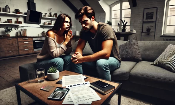 A dramatic and emotional scene depicting a couple having a tense argument in a modern apartment living room. The man looks resolute and upset, sitting.