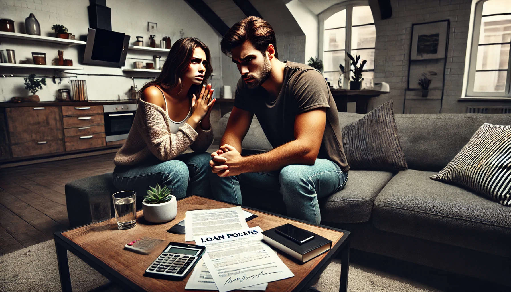 A dramatic and emotional scene depicting a couple having a tense argument in a modern apartment living room. The man looks resolute and upset, sitting.