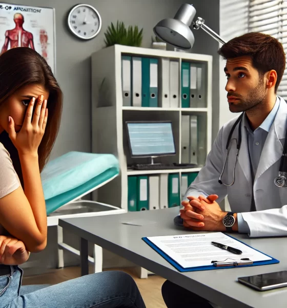 A tense and awkward scene set in a medical office during a pre-op appointment. A patient, looking frustrated but composed, sits across from a nurse wh.