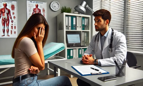 A tense and awkward scene set in a medical office during a pre-op appointment. A patient, looking frustrated but composed, sits across from a nurse wh.