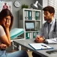 A tense and awkward scene set in a medical office during a pre-op appointment. A patient, looking frustrated but composed, sits across from a nurse wh.