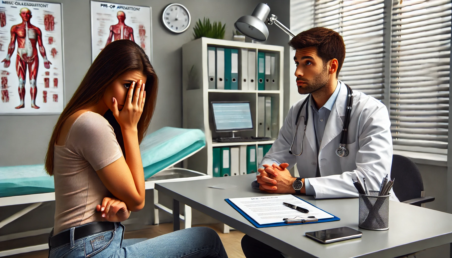 A tense and awkward scene set in a medical office during a pre-op appointment. A patient, looking frustrated but composed, sits across from a nurse wh.